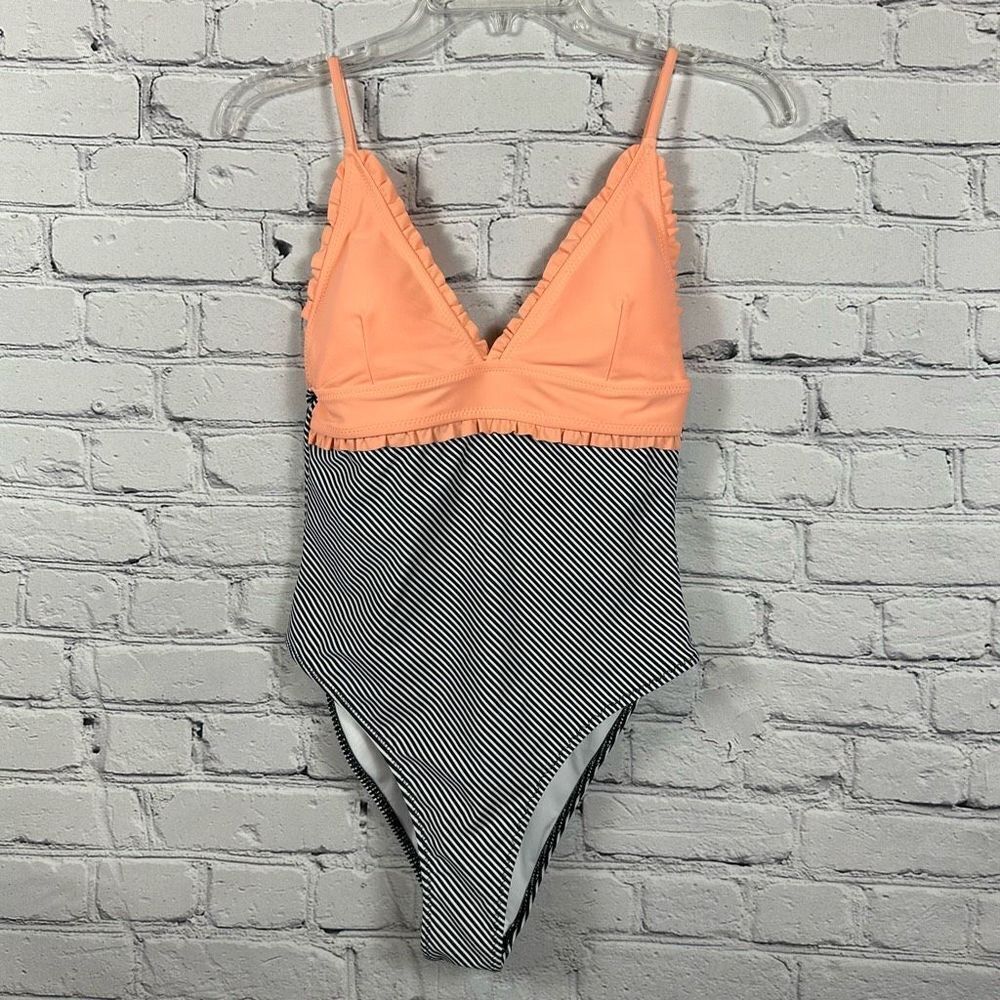 Beachsissi One-Piece Swimsuit Peach Ruffled Black & White Stripes S (4-6) NWT